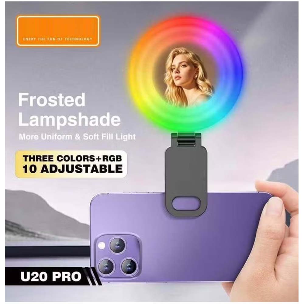 U20 PRO Ring Selfie Light - RGB Clip LED Fill Light with Tripod, Portable Mini Video Lighting for Phone & Camera (Black) Image
