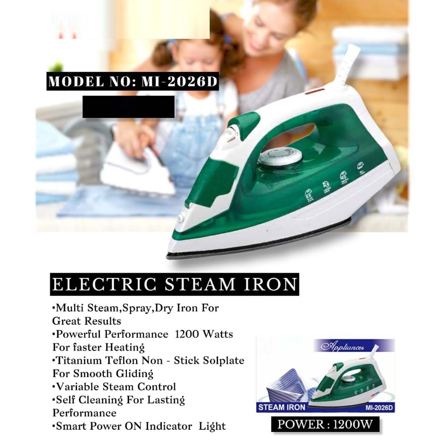 MI-2026D Steam Iron - 1200W Powerful Steamer with Spray Function & Extra Large Water Tank Image