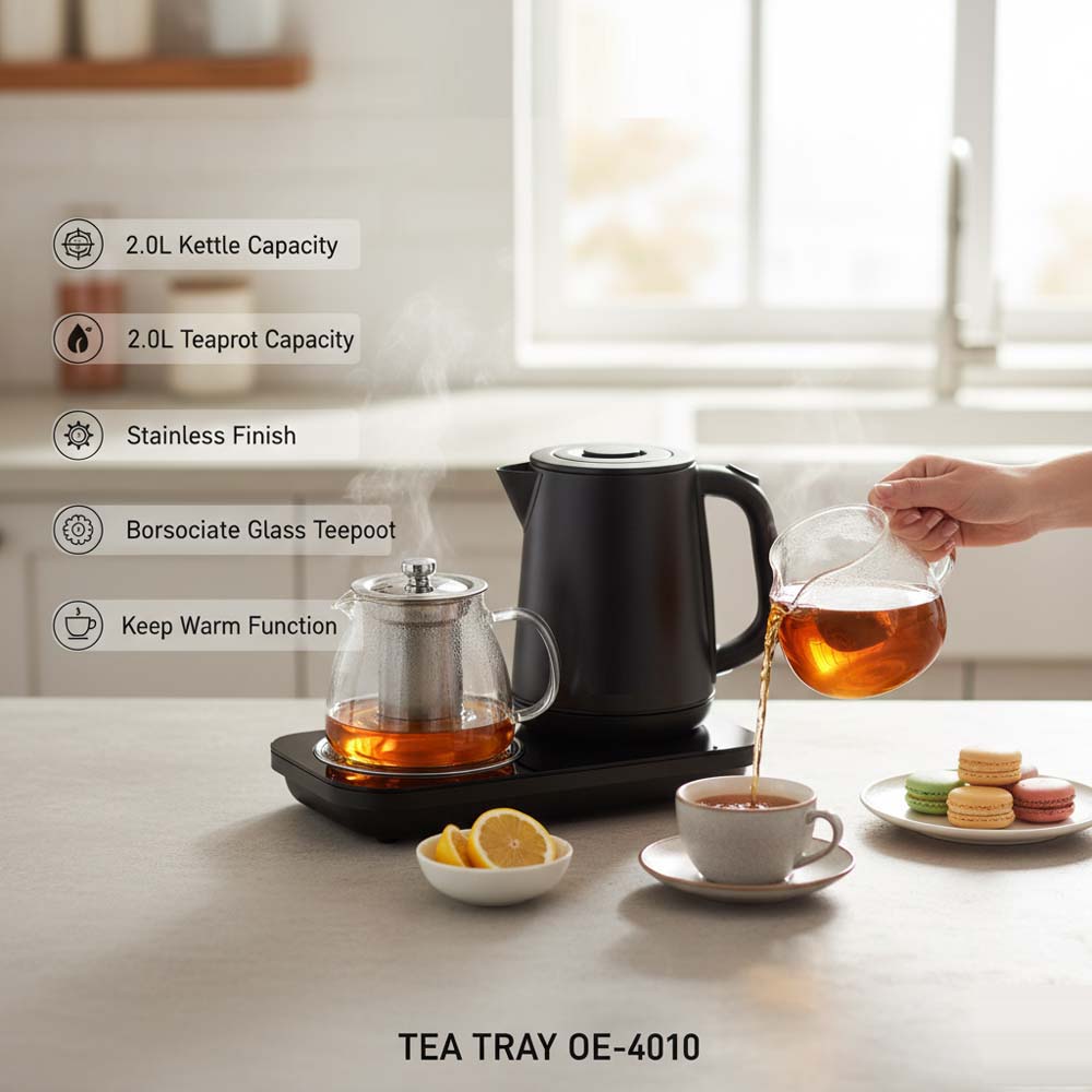 OE-4010 2.0L Electric Kettle & Tray Set. Fast-boiling water kettle with serving tray for elegant home tea service. Image