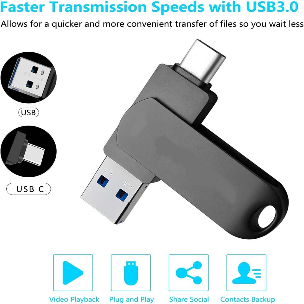 32GB USB-C Flash Drive - 170MB/s High-Speed Multi-Port Memory Stick for Android, Tablets, PCs & Phones (Black) Image