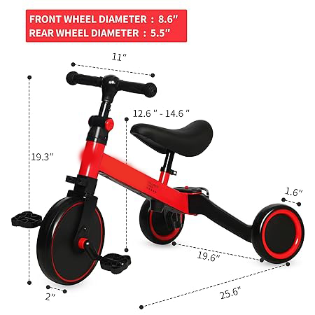 3-in-1 Kids Tricycle Toddler Bike | 3-Wheel Kids Trike for Boys & Girls with Adjustable Seat, Handlebar, and Removable Pedals (Red) Image