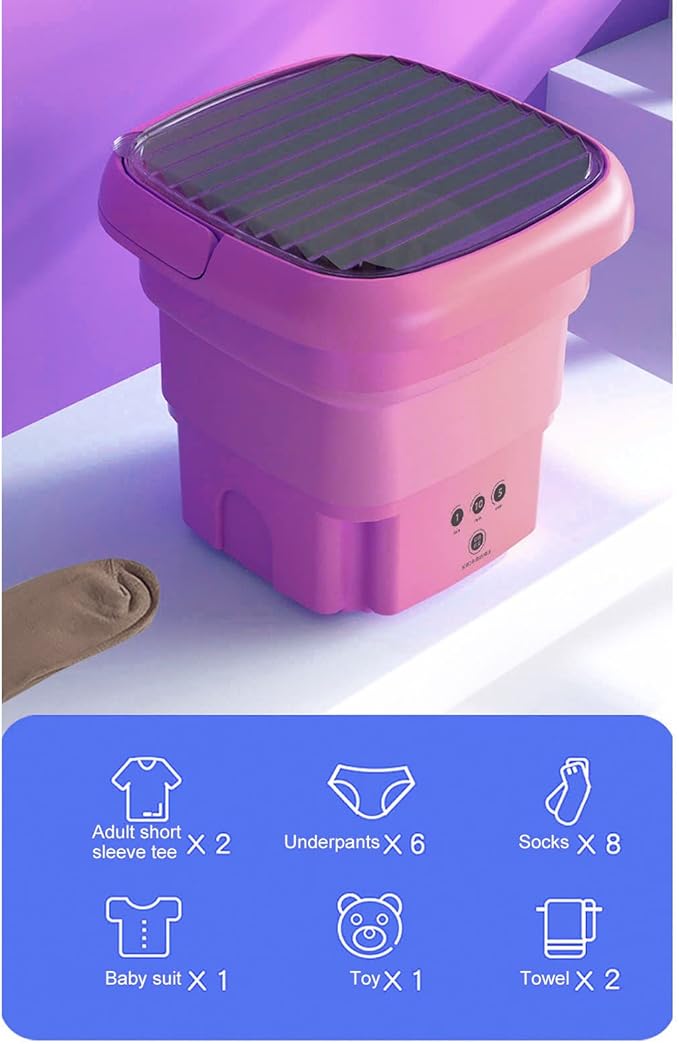 Portable Washing Machine | Mini Foldable Bucket Washer & Dryer Combo | Small Washer with Soft Spin Dry & Drainage Pipe for Underwear, Socks, Baby Clothes, Apartment, Dorm, Laundry (Pink) Image