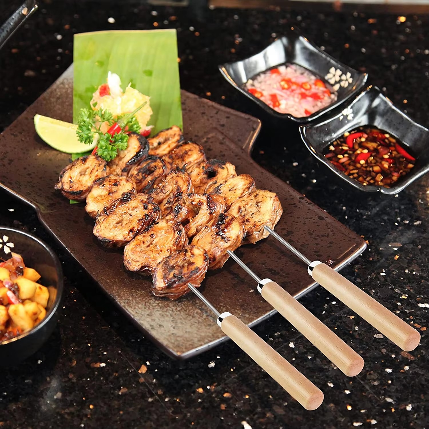 6 Pcs Kebab Skewers | Barbecue Skewers with Wooden Handle | Reusable Stainless Steel Metal BBQ Kabab Sticks Image