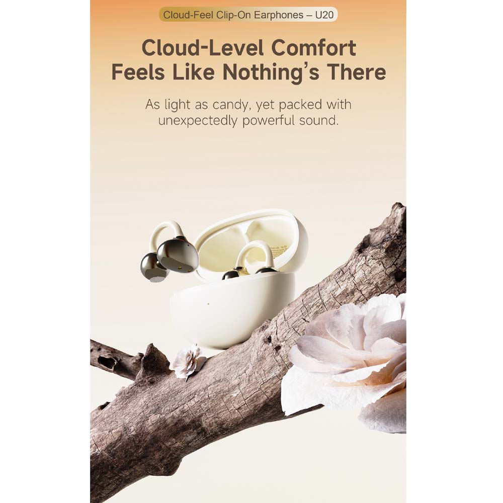 U-20 Open Ear Ring Headphones - Bluetooth 5.4 Clip-On OWS Earphones, 30H Battery, Noise-Cancelling, 4.9g Lightweight (White) Image