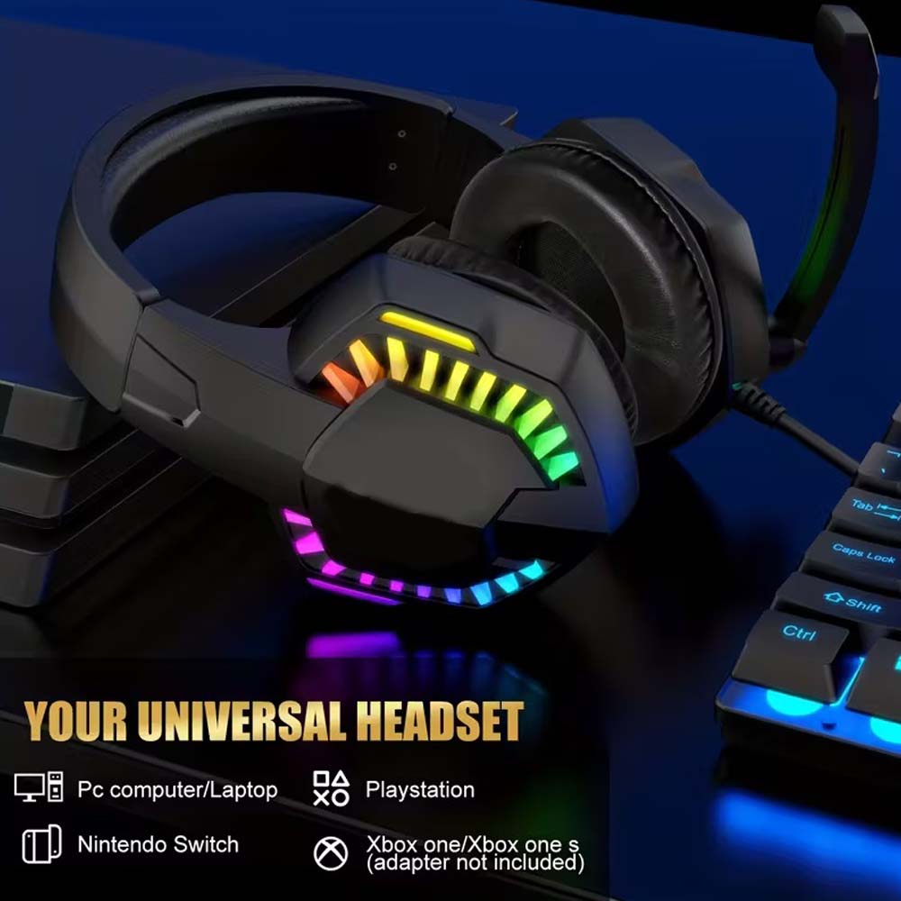 4-in-1 Gaming Combo: Wired Keyboard, Mouse, Headset & Mouse Pad. Rainbow LED backlit for PC, PS4, Xbox. Complete gaming setup. Image