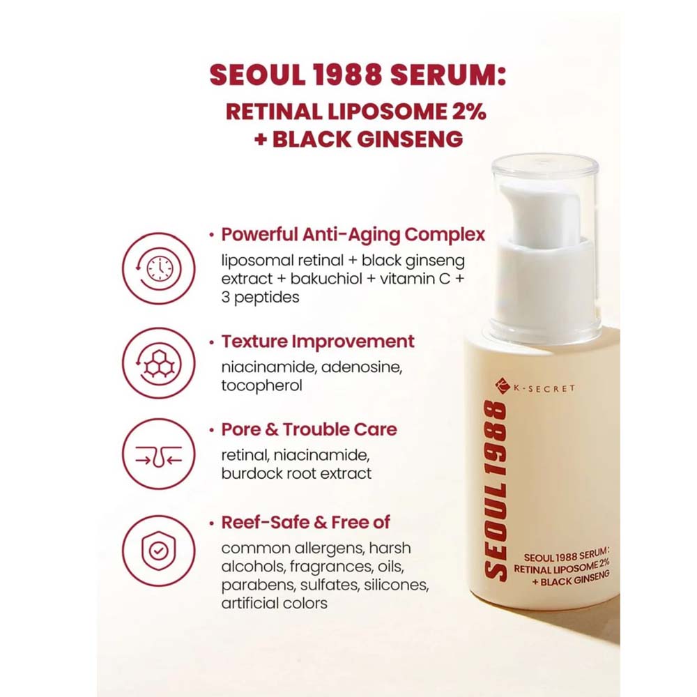 K-Secret SEOUL 1988 Serum with Retinal Liposome 2% & Black Ginseng – Anti-Aging, Wrinkle Care, Brightening & Firming Korean Face Serum 30ml Image