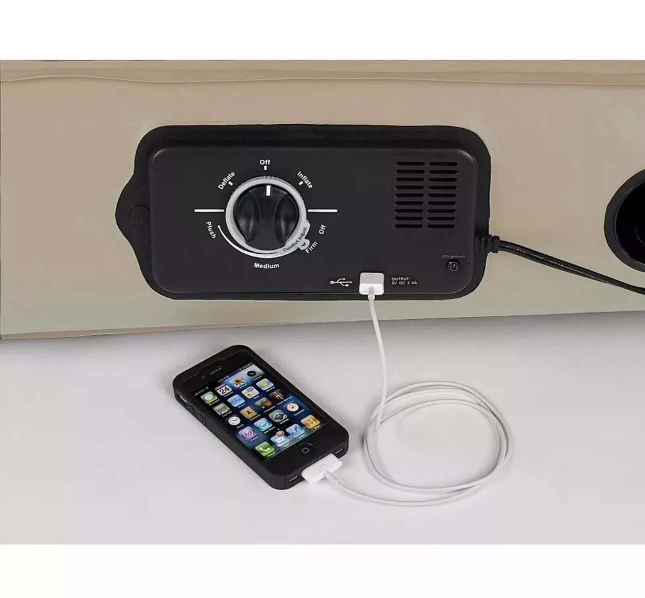 Queen-Size Inflatable Mattress with Built-in Pump - Single chargeable Beige | Self-Inflating Double Height Air Bed with Adjustable Firmness | Dual Chamber Design, Built-in Nightlight, and USB Port | Raised Flocked Velour Surface for Full-Body Support | Includes Carry Bag Image