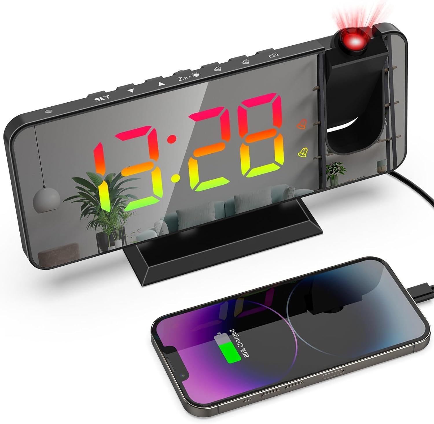 Projection Alarm Clock - 180° Rotatable Ceiling Projector, RGB LED Display, Dual Alarm & 5-Level Dimmer (Black) Image