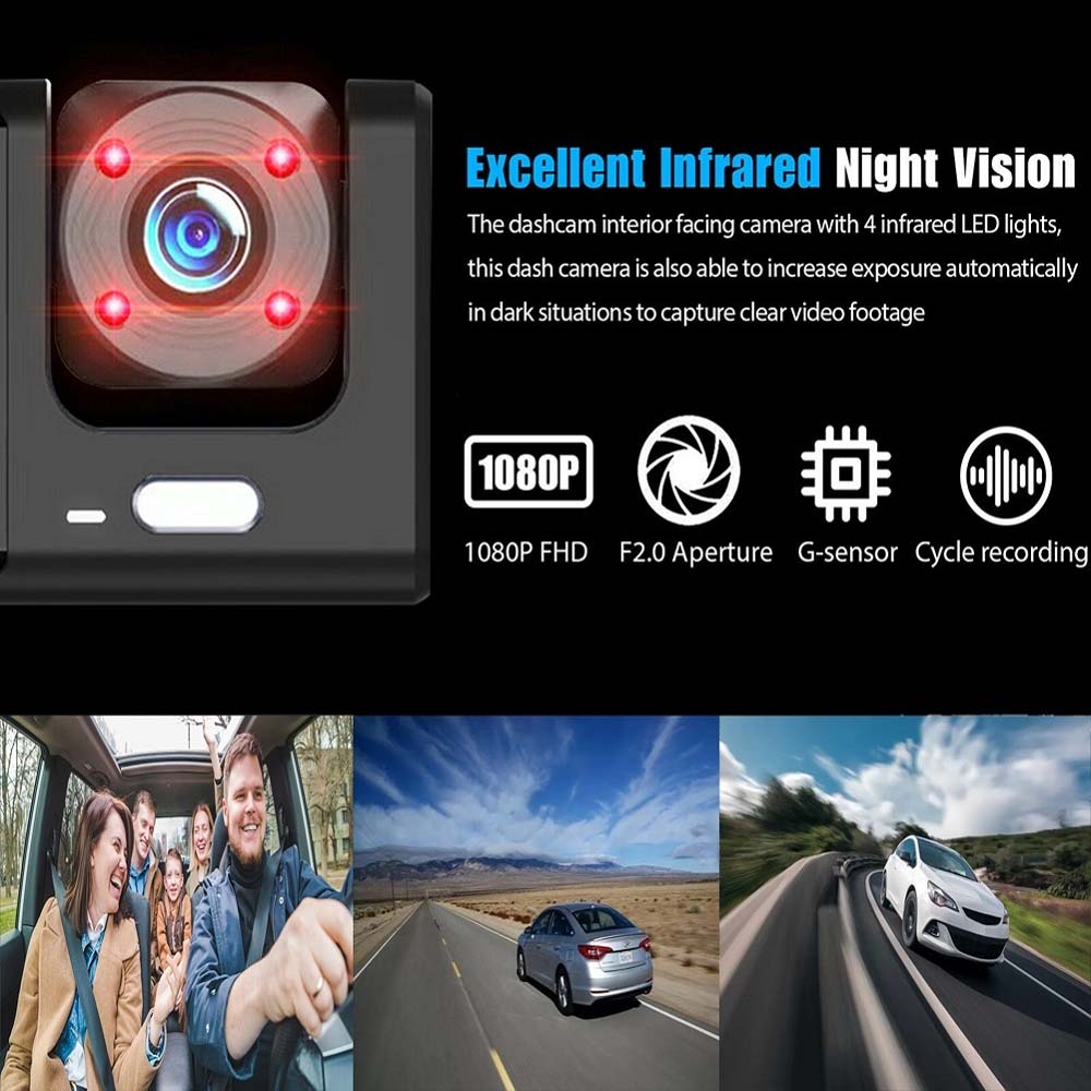 4-Inch Triple-Lens WiFi Dash Cam - Front/Rear/Inside Recording, Mobile App Control, Night Vision & Parking Monitor Image