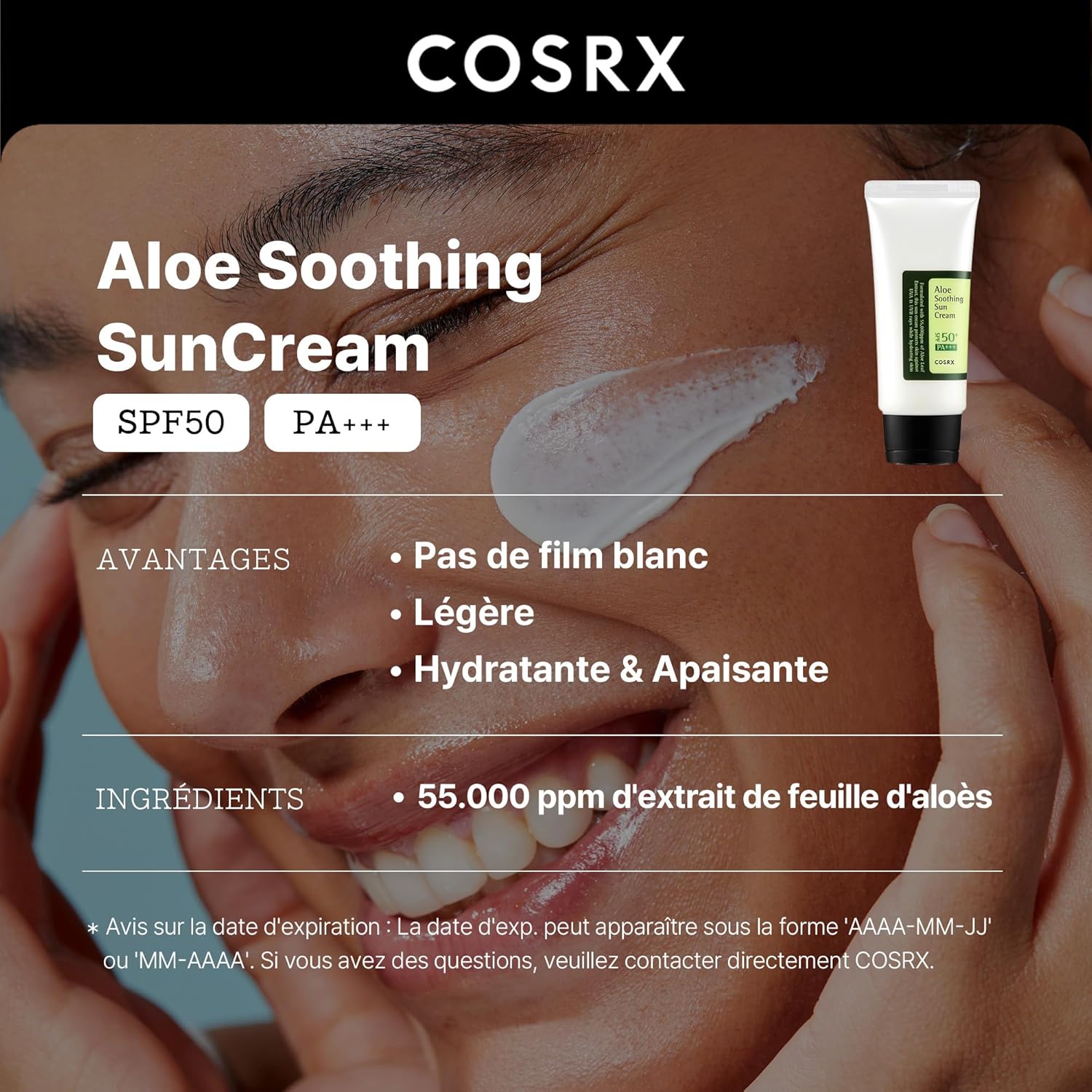 COSRX Aloe Soothing Sun Cream SPF50. Hydrating daily sunscreen for dry, sensitive skin. No white cast. UVA/UVB protection. Image