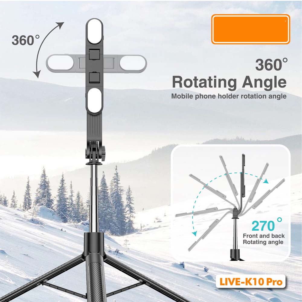 Live K10 PRO 6.5 Feet Tripod Stand Selfie Stick with 2 Chargeable Lights, Bluetooth Remote, 360° Rotatable, Compitable for DSLR, Smartphone, Vlogging, YouTube Image