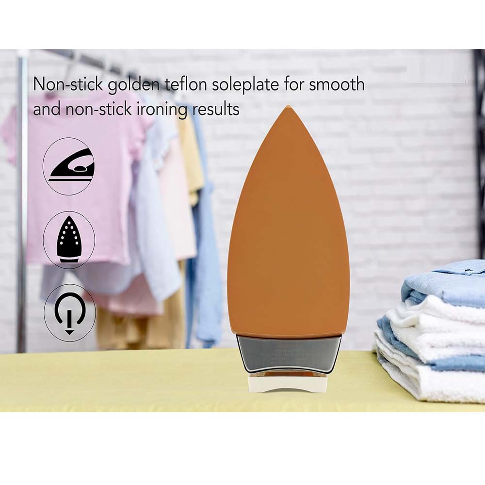 OE-21 Dry Iron with Teflon Coating. Suitable for all fabrics, ensuring smooth, scratch-free ironing. White and golden design. Image