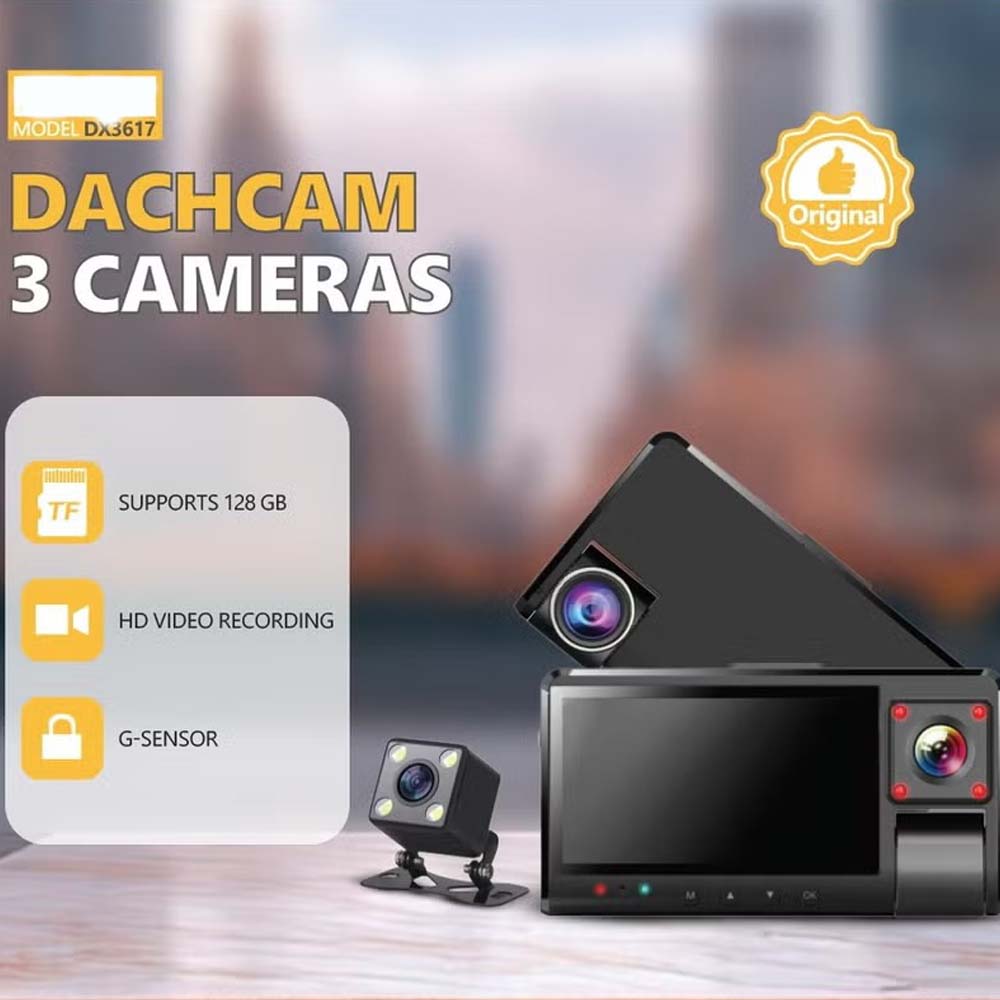 DX-3617 3-Channel Dash Cam. Front, rear & interior recording with WiFi app control, night vision & parking mode. Image