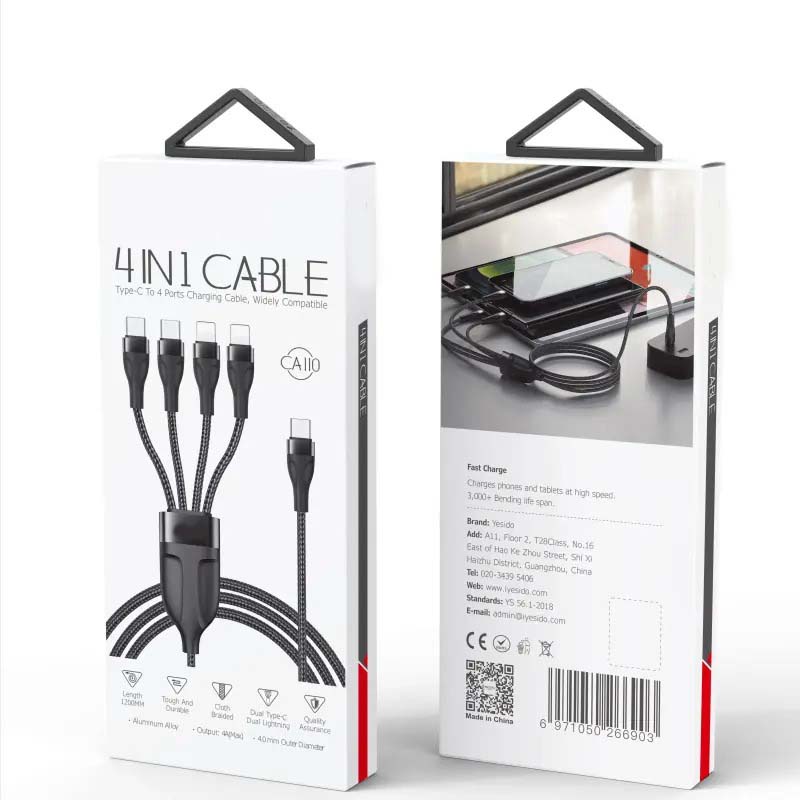 CA110 4-in-1 Type-C Data Cable – Multi-Device Charging Cable with 2 Type-C and 2 Lightning Connectors, 120cm Nylon Braided Fast Charger with Intelligent Constant Temperature Control, 20W 4A Output Image