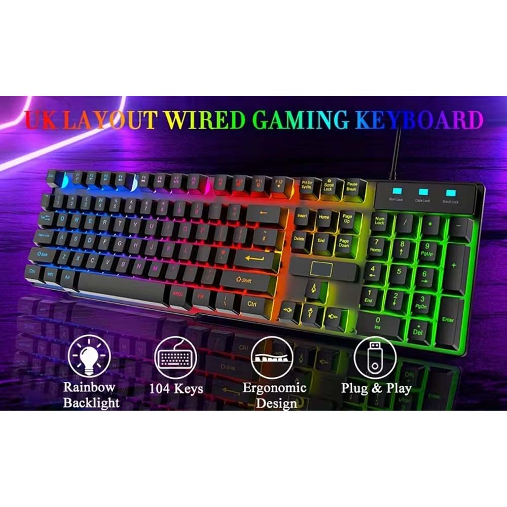 4-in-1 Gaming Combo: Wired Keyboard, Mouse, Headset & Mouse Pad. Rainbow LED backlit for PC, PS4, Xbox. Complete gaming setup. Image