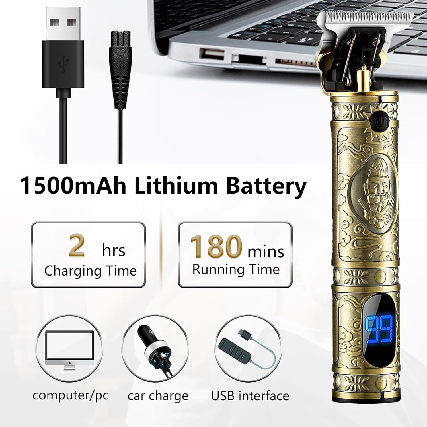 YACD D-044 Cordless Hair Clipper. Affordable elegant metal body, professional stainless blade, USB charging, 120-min runtime. Image