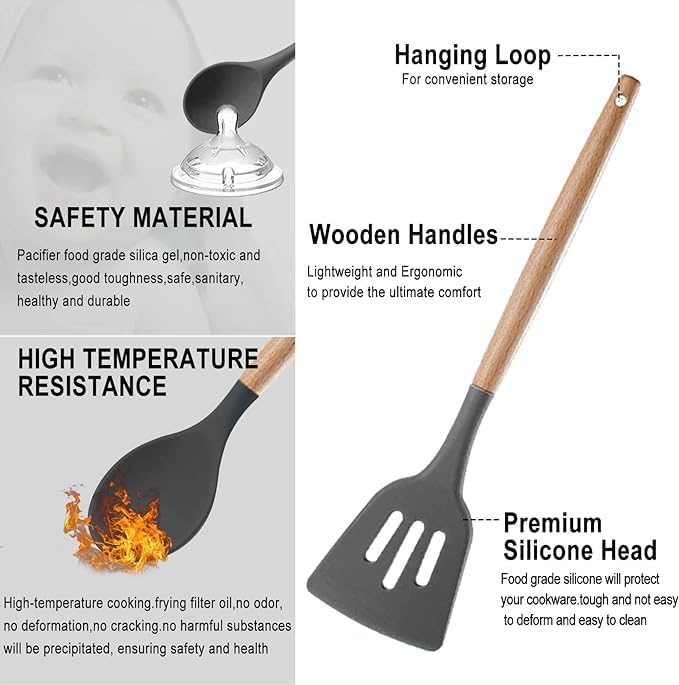 19-Piece Silicone Cooking Utensils & Knife Set with Block | Includes 11 Silicone Utensils, 5 Stainless Steel Knives, Scissors, Cutting Board | Grey Image