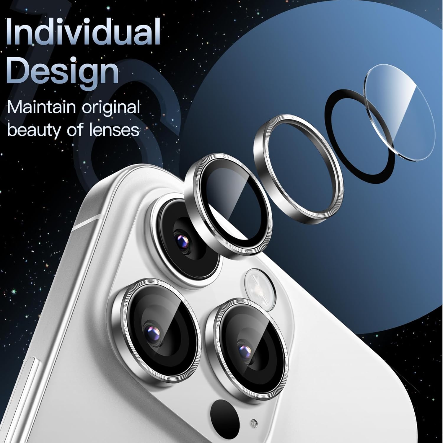 iPhone 16/17 Pro Max Camera Lens Protector - 3-Pack 9H Tempered Glass with  Alloy Ring, Anti-Scratch HD Cover (Silver Titanium) Image