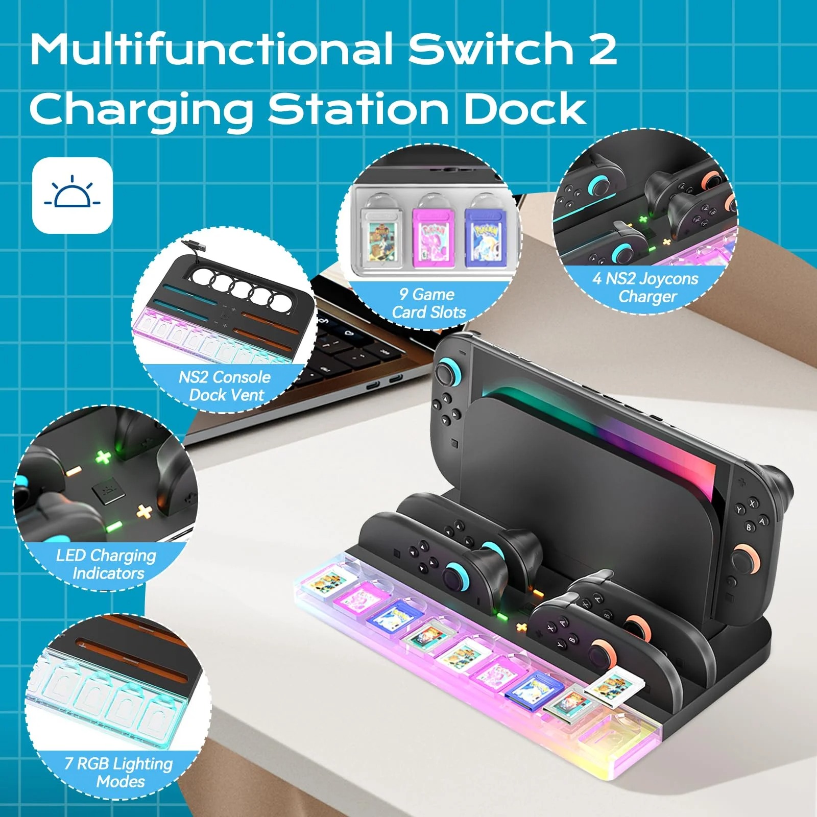 Switch 2 Charging Dock Station - Controller Charger with 7 RGB Lights, 9 Game Slots & Cooling Fan Image
