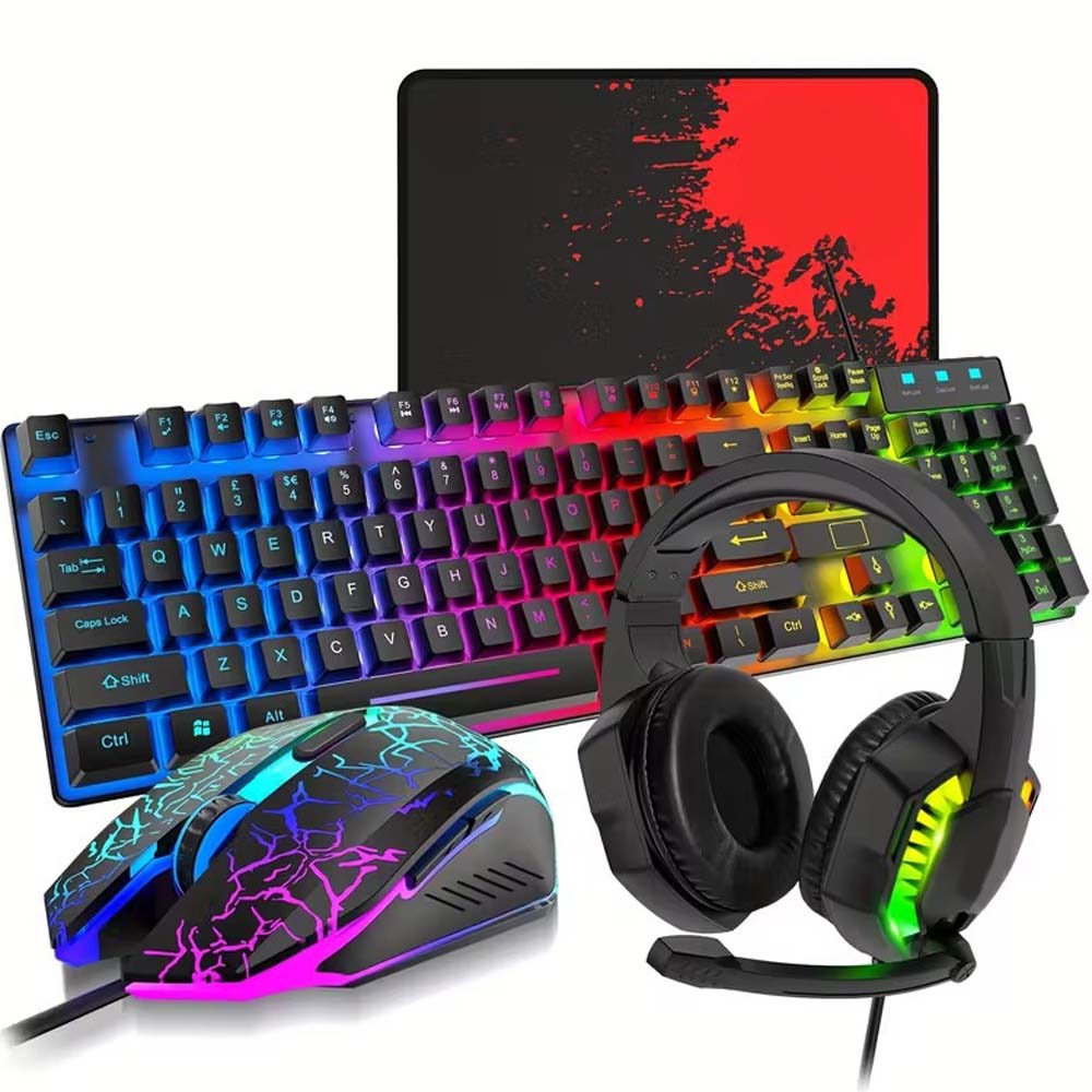 4-in-1 Gaming Combo: Wired Keyboard, Mouse, Headset & Mouse Pad. Rainbow LED backlit for PC, PS4, Xbox. Complete gaming setup. Image