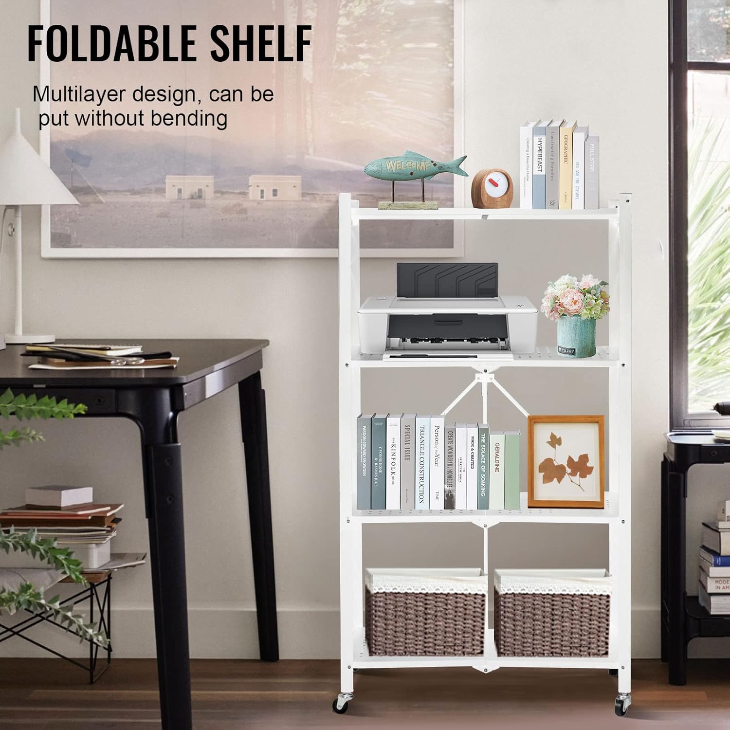 4-Layer White Mobile Folding Kitchen Storage Rack – No-Installation, Thickened Multi-Purpose Shelf (White) Image