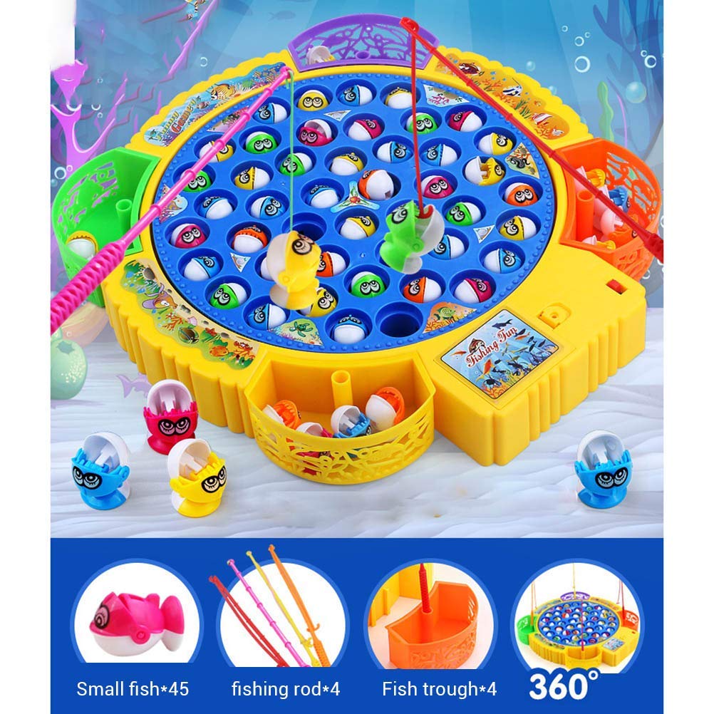 Fishing Game Electronic Musical Rotating Toy with 45 Fish & 4 Fishing Rods, Fun Learning Game, Gift for Kids of All Ages, Birthday Gift - Blue Image