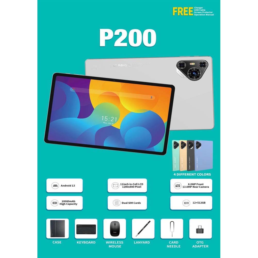 P200 11" Android 13 Tablet - 5G WiFi, Dual SIM, 8GB/512GB, 8000mAh, w/Keyboard & Mouse (Multi Colour) Image