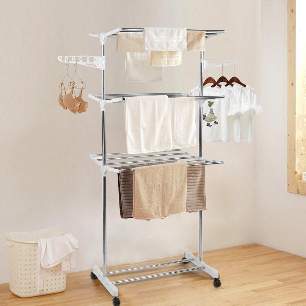 Foldable Rolling Laundry Drying Rack with Adjustable Shelves | Heavy-Duty Stainless Steel Rods | Compact Storage | 4-Tier Adjustable Height & Portable Design Image