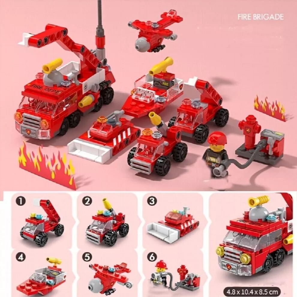 6-in-1 Fire Brigade Truck Building Blocks Set – 142-Piece Creative Play Toy for Kids, Durable DIY Assemble Fire Trucks & Emergency Scenes, Perfect Gift Image