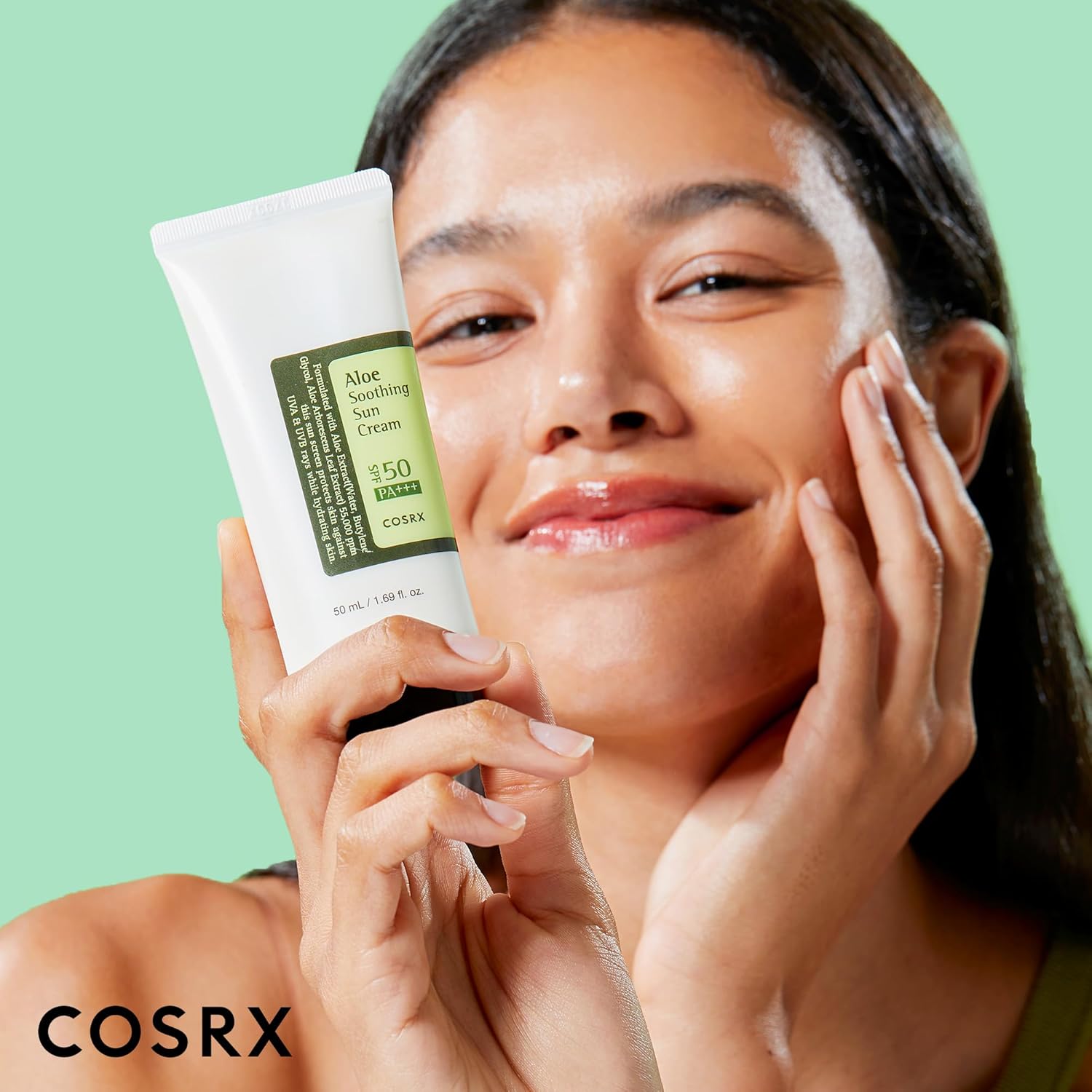 COSRX Aloe Soothing Sun Cream SPF50. Hydrating daily sunscreen for dry, sensitive skin. No white cast. UVA/UVB protection. Image