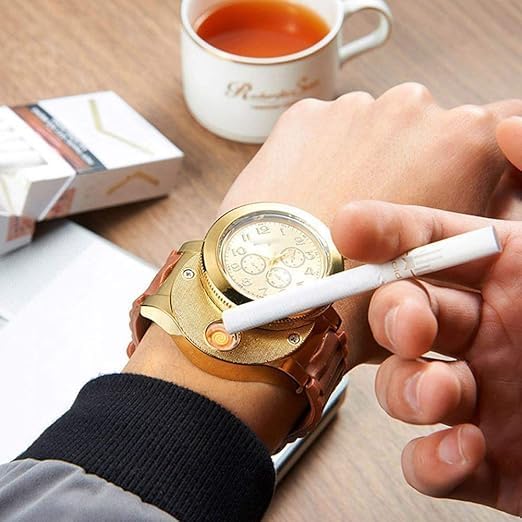 Men's Casual Sports Silicone Quartz Watch with Built-in Electronic Lighter – Waterproof USB Charging, Black Image