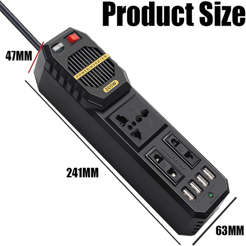 200W Car Power Inverter - DC 12V to AC 220V Converter with 2 AC Outlets, 4 USB Ports & Cigarette Lighter Socket Image