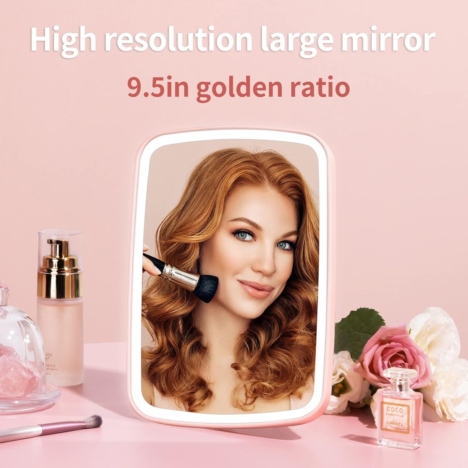 Makeup Vanity Mirror with 42 LED Lights, Touch Control, 3 Color Lighting, USB Rechargeable 2400mAh Battery, Portable Travel Mirror - Pink Image