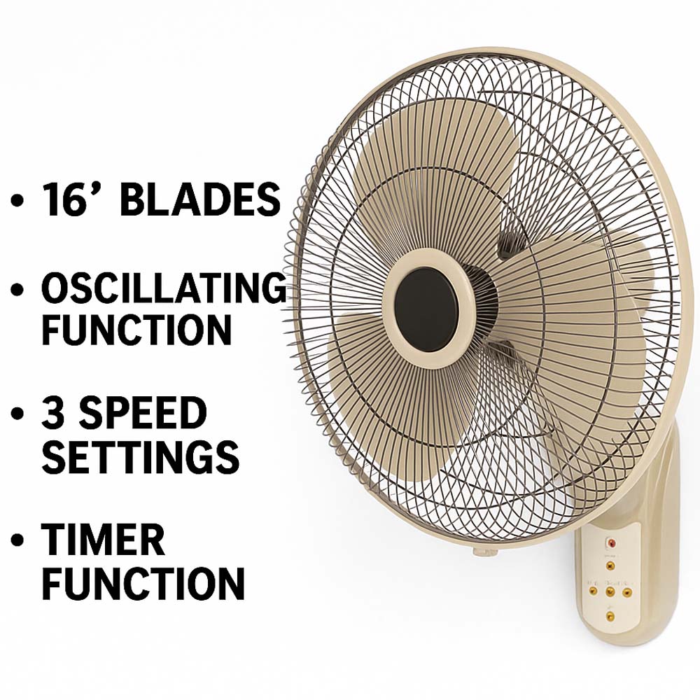 MWFV-433RC 16" Wall Mount Fan - Remote Control, 3-Speed, Adjustable Tilt, Quiet Operation for Home & Office Image