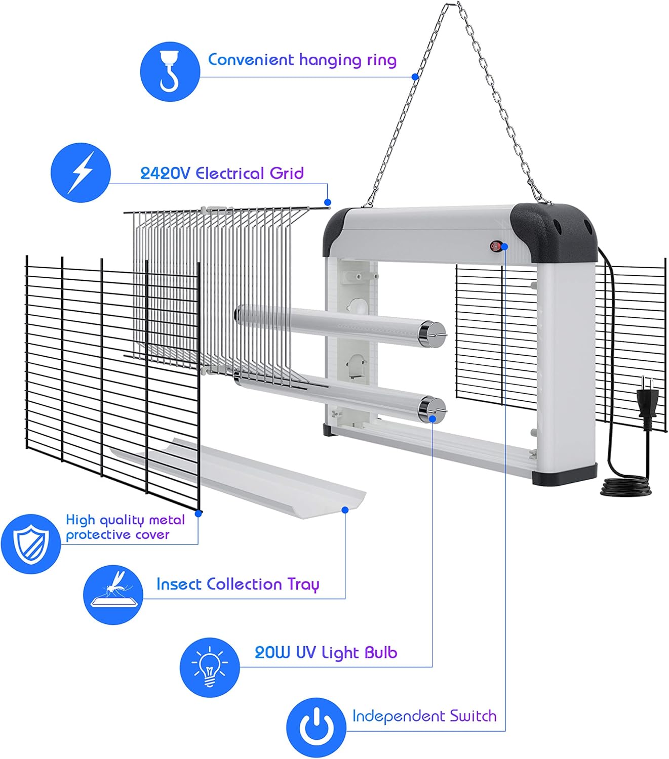 Electric Bug Zapper - 20W UV Mosquito Killer, 2800V Grid, Plug-in Hanging Indoor Insect Trap for Mosquitoes, Flies, Moths Image