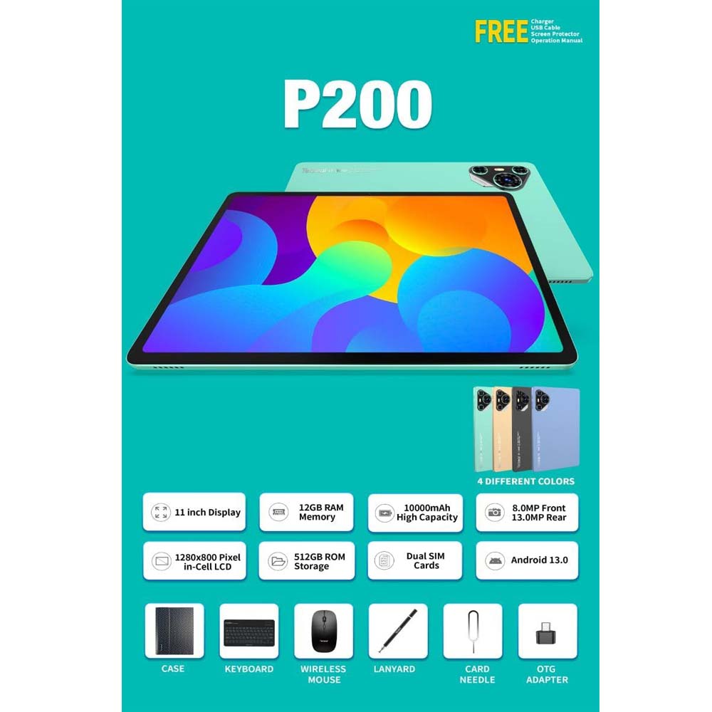 P200 11" Android 13 Tablet - 5G WiFi, Dual SIM, 8GB/512GB, 8000mAh, w/Keyboard & Mouse (Multi Colour) Image