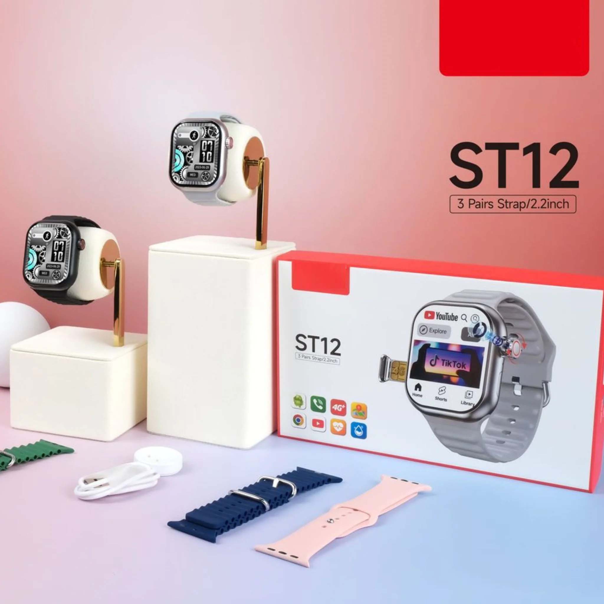 ST12 Smart Watch - 2.2" Full Screen, 4G SIM Support, 3 Straps + Wireless Charger (Multi-Color) for Men & Women Image