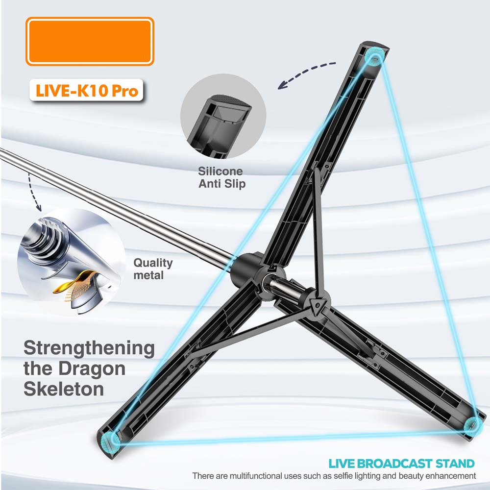 Live K10 PRO 6.5 Feet Tripod Stand Selfie Stick with 2 Chargeable Lights, Bluetooth Remote, 360° Rotatable, Compitable for DSLR, Smartphone, Vlogging, YouTube Image