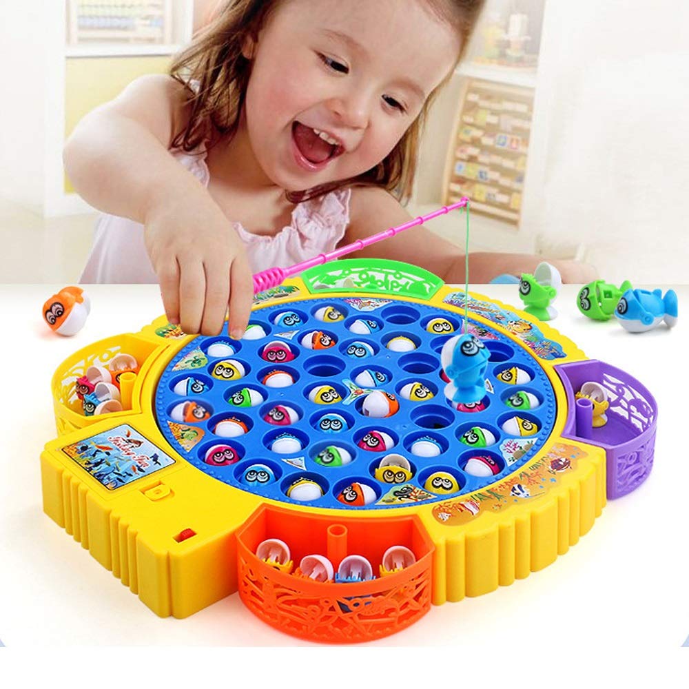 Fishing Game Electronic Musical Rotating Toy with 45 Fish & 4 Fishing Rods, Fun Learning Game, Gift for Kids of All Ages, Birthday Gift - Blue Image