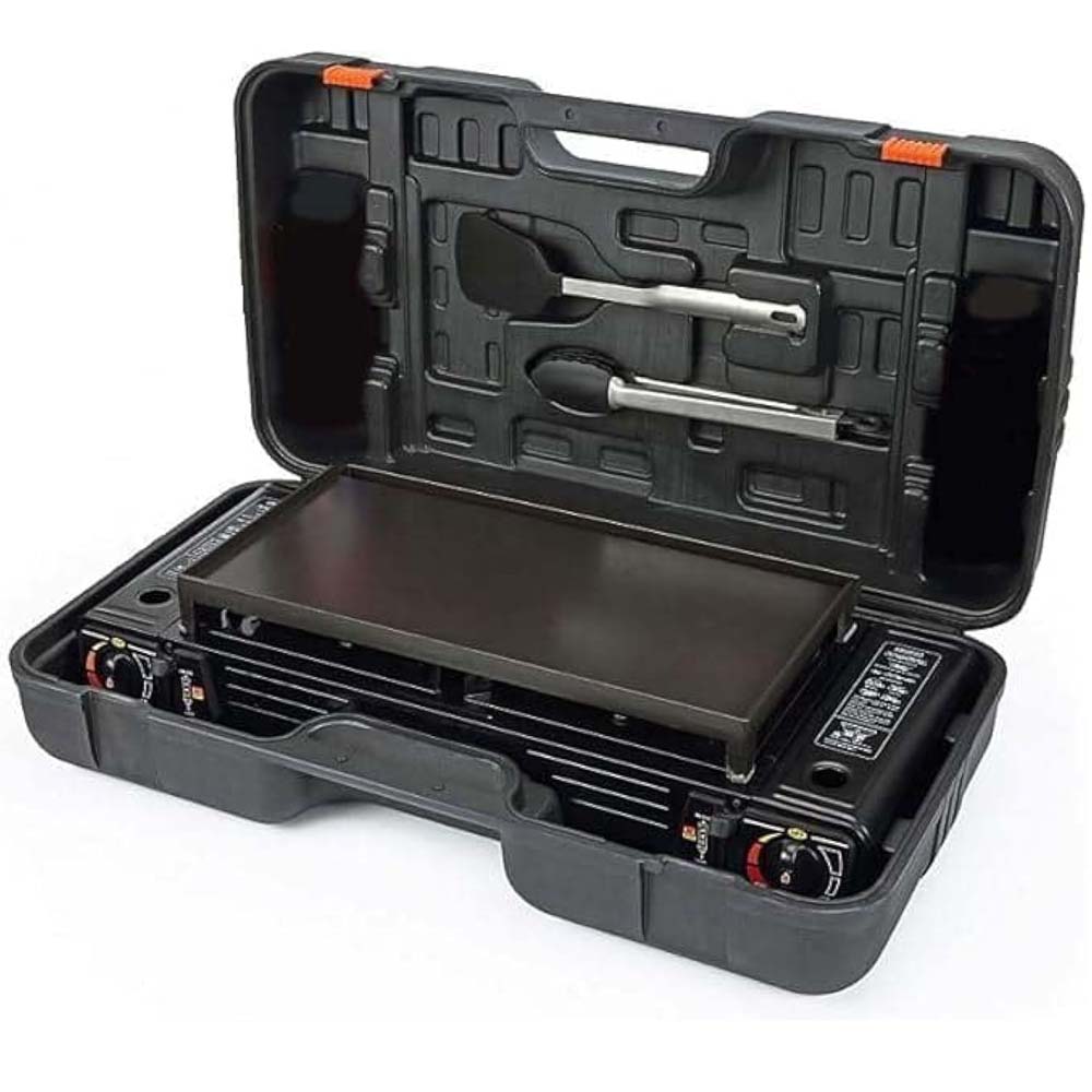 Portable Double Burner Card Stove. Windproof butane camp stove with 3-second ignition for fast outdoor cooking. Compact design. Image