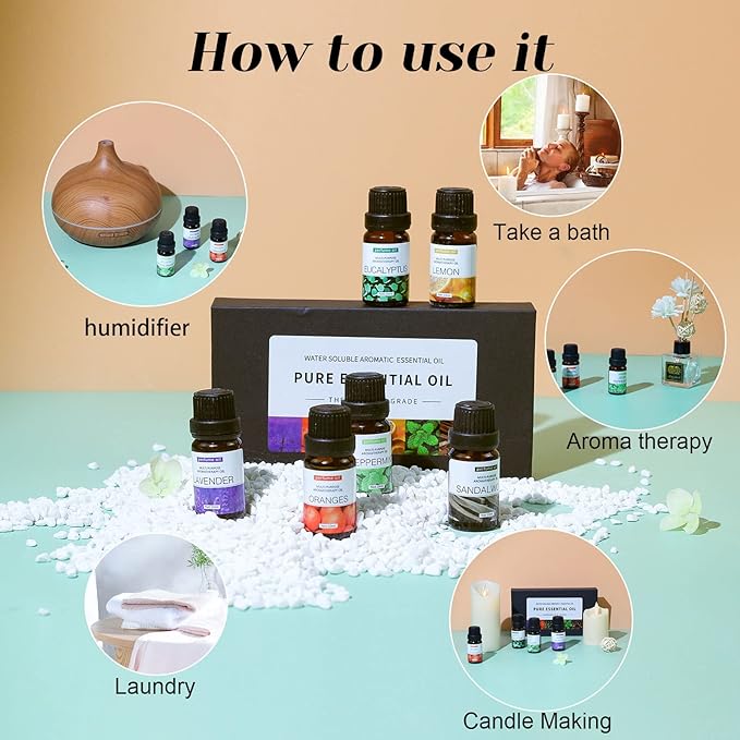 6-Pack Essential Oils Set - 10mL Bottles, Water Soluble Aromatherapy Oils for Diffusers, Humidifiers, and Relaxation - Includes Sandalwood, Sweet Orange, Lavender, Eucalyptus, Lemon, and Mint - Premium Aromatherapy Essential Oil Suit for Wellness & Calming Effects Image