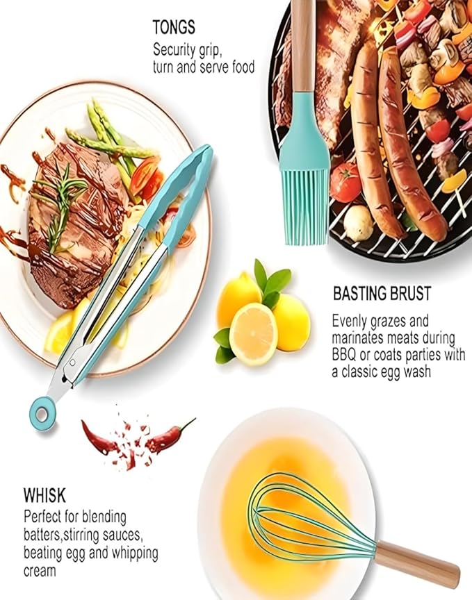 19-Piece Silicone Cooking Utensils & Knife Set with Block | Includes 11 Silicone Utensils, 5 Stainless Steel Knives, Scissors, Cutting Board | Teal Image