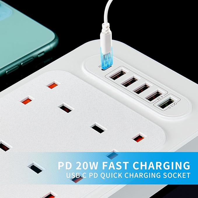 Universal 6-Way Power Outlet Strip with Fast Charging – US Plug (Black) Image