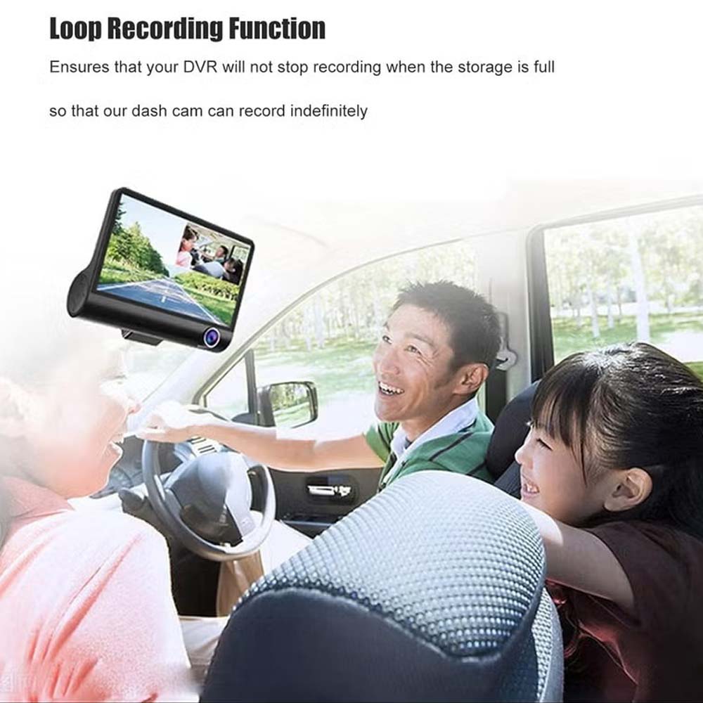 DX3618 3-Channel Car Dashcam. 4" HD display with front, rear & inside cameras. Loop recording, night vision & G-sensor. Image