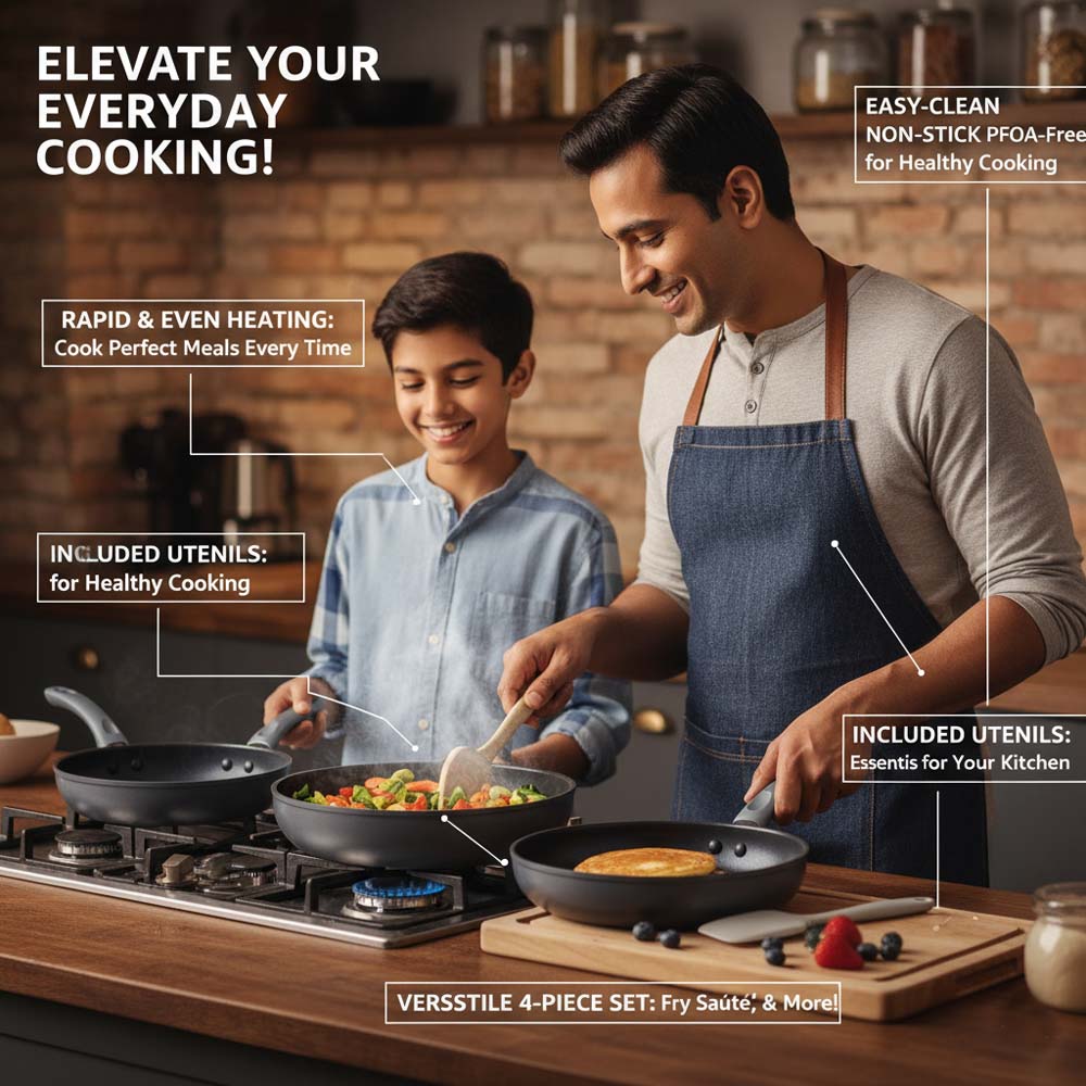 OE-017 4-Piece Non-Stick Frying Pan Set. 3 pans & nylon spatula in 20cm, 24cm, 26cm. Dishwasher-safe aluminum body. (Black) Image