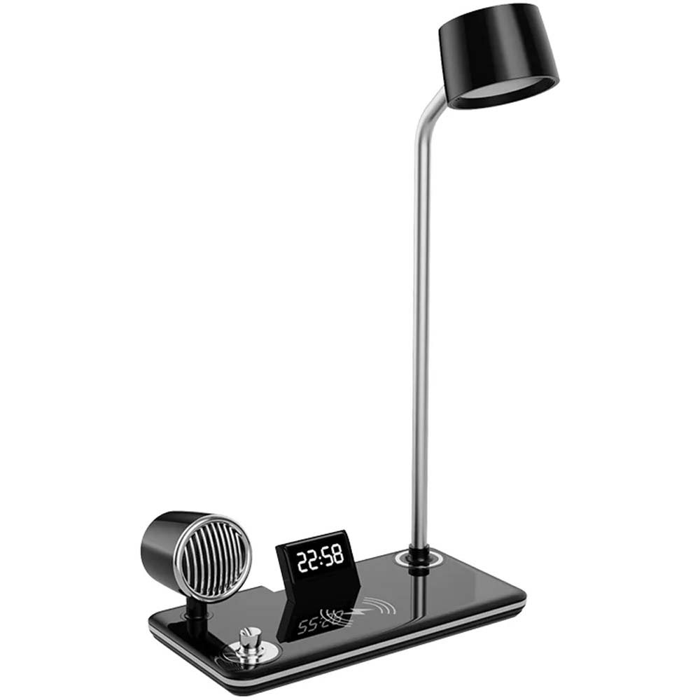 LED Desk Lamp with Wireless Charger, Bluetooth Speaker, Clock & Night Light - Modern Multifunctional Touch Control Design Image