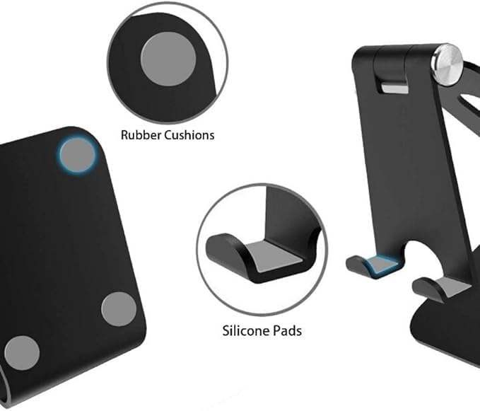 Fully Foldable Adjustable Cell Phone Stand | Desktop Phone Holder Cradle Dock for iPhone, iPad, Nintendo Switch, and Tablets (7-10") | Black Image