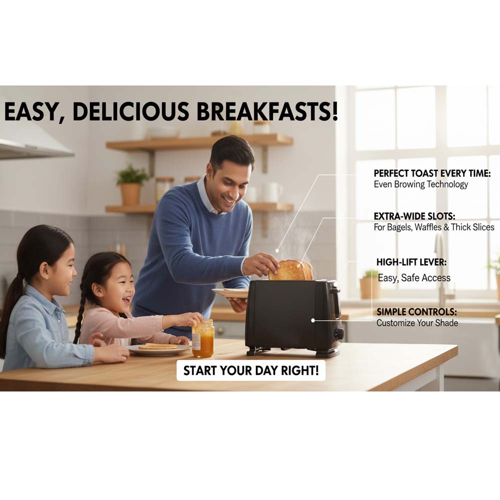 OE-505 2-Slice Toaster. Compact toaster with auto pop-up and removable crumb tray for easy cleaning. Simple & efficient. Image