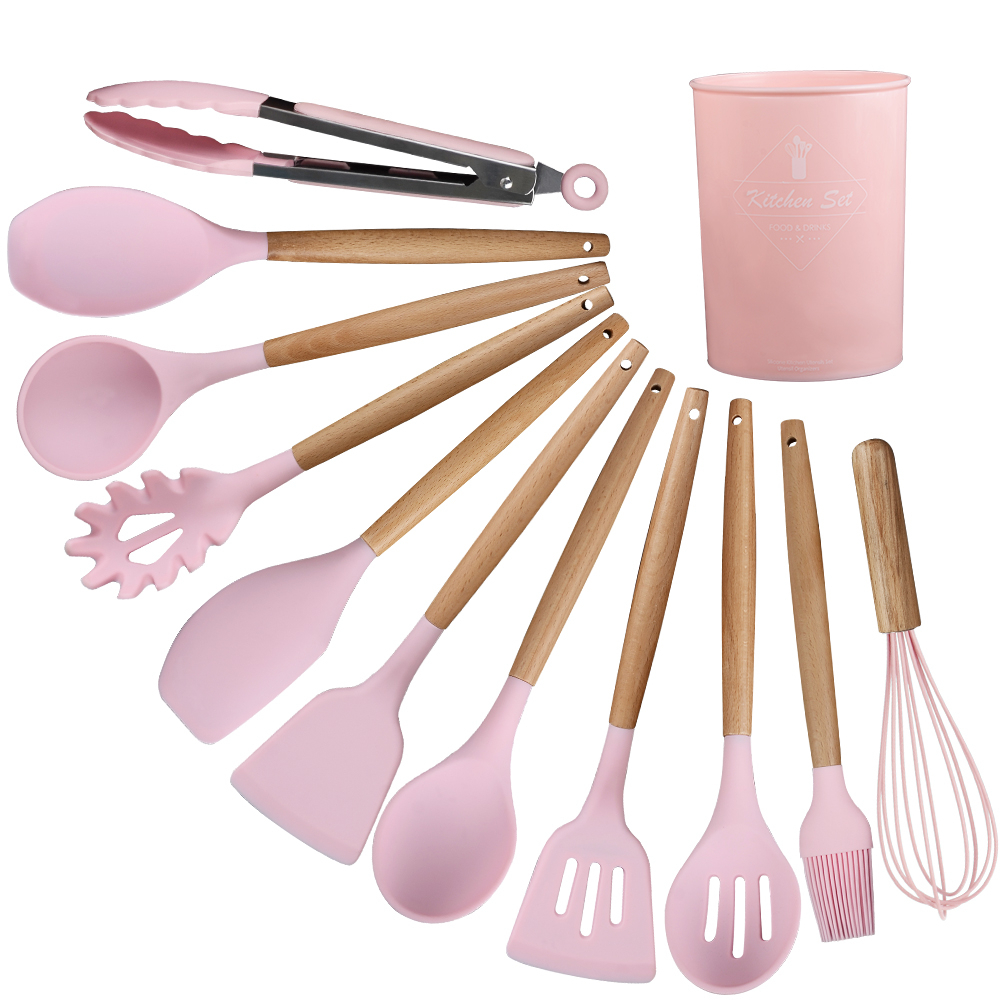12-Piece Silicone Kitchen Set - Wooden Handles, Scratch-Resistant Baking Tools in Nylon Case, Perfect Home Kitchenware Image