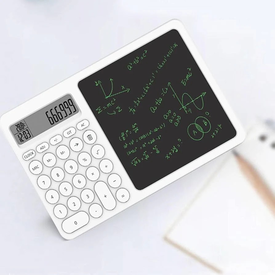 Calculator LCD Writing Tablet | 2-in-1 Digital Notepad and Calculator | Portable Electronic Memo Pad for Office, School, and Home | Eco-Friendly Reusable Screen Image